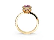 Halo Engagement Ring Setting for Fancy Pink Radiant Cut Center with Openwork Halo, Pave Band and Prong Head in Yellow Gold