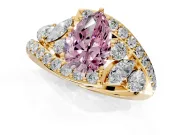 Halo Engagement Ring Setting for Fancy Pink Pear-Shaped Center with Marquise and Pave Bypass Band and Prong Head in Yellow Gold