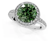 Halo Engagement Ring Setting for Fancy Green Round Cut Center with Metal-Rimmed Halo, Pave Band and Prong Head in Platinum