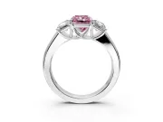 3 Stone Engagement Ring Setting for Fancy Pink Radiant Cut Center with Raised Basket Heads and Prong Head in White Gold