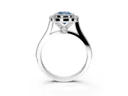 Halo Engagement Ring Setting for Fancy Blue Cushion Cut Center with Milgrain Frame, Pave Band and Prong Head in Platinum