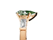 3 Stone Engagement Ring Setting for Fancy Green Pear-Shaped Center with Channel Baguette Accents and Prong Head in Rose Gold