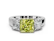 3 Stone Engagement Ring Setting for Fancy Yellow Princess Cut Center with Raised Basket Heads and Prong Head in Platinum
