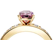 Solitaire Engagement Ring Setting for Fancy Pink Emerald Cut Center with Channel-Set Accents and Prong Head in Yellow Gold