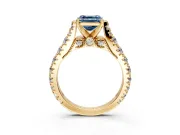Solitaire Engagement Ring Setting for Fancy Blue Asscher Cut Center with Pave Cathedral Shoulders and Prong Head in Yellow Gold