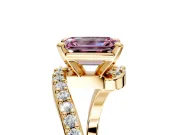Solitaire Engagement Ring Setting for Fancy Pink Emerald Cut Center with Pave Bypass Swirl Band and Prong Head in Yellow Gold