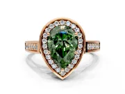 Halo Engagement Ring Setting for Fancy Green Pear-Shaped Center with Outer Bezel Rim, Pave Band and Prong Head in Rose Gold