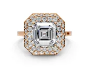 Halo Engagement Ring Setting for Asscher Cut Center with Plain Tapered Band and Prong Head in Rose Gold