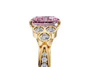 Cluster Engagement Ring Setting for Fancy Pink Radiant Cut Center with Bezel Accent Clusters and Prong Head in Yellow Gold