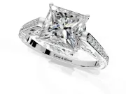 Cathedral Engagement Ring Setting for Princess Cut Center with Antique-Style Pave Band and Prong Head in Sterling Silver