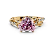 Leaf Motif Engagement Ring Setting for Fancy Pink Heart-Shaped Center with Pave Band and Prong Head in Yellow Gold