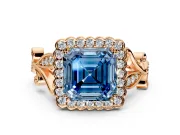Halo Engagement Ring Setting for Fancy Blue Asscher Cut Center with Leaf Motif Split Shank and Prong Head in Rose Gold