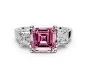 3 Stone Engagement Ring Setting for Fancy Pink Asscher Cut Center with Matching Side Accents and Prong Head in Platinum