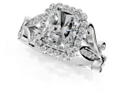 Halo Engagement Ring Setting for Radiant Cut Center with Leaf Motif Split Shank and Prong Head in Sterling Silver