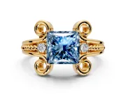 Solitaire Engagement Ring Setting for Fancy Blue Princess Cut Center with Twisted Band and Scroll Prong Head in Yellow Gold