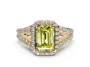 Halo Engagement Ring Setting for Fancy Yellow Emerald Cut Center with Narrow Pave Split Shank and Prong Head in Yellow Gold