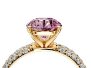Solitaire Engagement Ring Setting for Fancy Pink Round Cut Center with Domed Multi-Row Pave Band and Prong Head in Yellow Gold