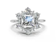Small-Accent Cluster Halo Engagement Ring Setting for Princess Cut Center with Plain Band and Prong Head in White Gold