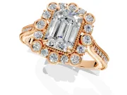 Milgrain Halo Engagement Ring Setting for Emerald Cut Center with Bezel Point Accents and Prong Head in Rose Gold