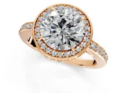Halo Engagement Ring Setting for Round Cut Center with Metal-Rimmed Halo, Pave Band and Prong Head in Rose Gold
