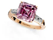 3 Stone Engagement Ring Setting for Fancy Pink Asscher Cut Center with Tapered Baguettes, Plain Band and Prong Head in Rose Gold