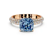 Solitaire Engagement Ring Setting for Fancy Blue Cushion Cut Center with Domed Multi-Row Pave Band and Prong Head in Rose Gold