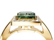 Bezel-Framed Halo Engagement Ring Setting for Fancy Green Princess Cut Center with Pave Band and Prong Head in Yellow Gold