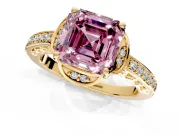 Floral Engagement Ring Setting for Fancy Pink Asscher Cut Center with Four Accent Clusters and Prong Head in Yellow Gold