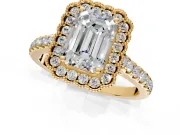 Milgrain Floral Halo Engagement Ring Setting for Emerald Cut Center with Pave Band and Prong Head in Yellow Gold