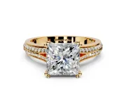 Solitaire Engagement Ring Setting for Princess Cut Center with Pave Rail Split Shank and Prong Head in Yellow Gold