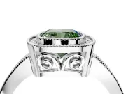 Halo Engagement Ring Setting for Fancy Green Cushion Cut Center with Milgrain Halo, Pave Band and Prong Head in White Gold
