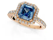 Halo Engagement Ring Setting for Fancy Blue Asscher Cut Center with Inner Milgrain Border and Prong Head in Rose Gold