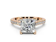 Solitaire Engagement Ring Setting for Princess Cut Center with Widening Pave Band and Claw Prong Head in Rose Gold