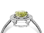 Milgrain Halo Engagement Ring Setting for Fancy Yellow Oval Center with Three-Sided Pave Band and Prong Head in Platinum