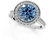Halo Engagement Ring Setting for Fancy Blue Round Cut Center with Milgrain Pave Band and Bezel Head in Sterling Silver
