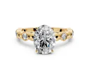 Solitaire Engagement Ring Setting for Oval Center with Beaded Bezel Station Band and Prong Head in Yellow Gold