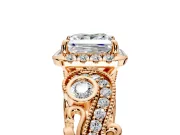 Milgrain Halo Engagement Ring Setting for Princess Cut Center with Shoulder Bezels and Prong Head in Rose Gold