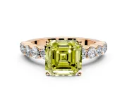 Shared-Prong Engagement Ring Setting for Fancy Yellow Asscher Cut Center with Graduated Accents and Prong Head in Rose Gold