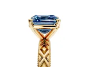 Solitaire Engagement Ring Setting for Fancy Blue Asscher Cut Center with Milgrain X Pattern Band and Prong Head in Yellow Gold