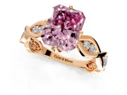 Solitaire Engagement Ring Setting for Fancy Pink Radiant Cut Center with Accented Twist Band and Leaf Prong Head in Rose Gold