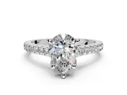 Solitaire Engagement Ring Setting for Pear-Shaped Center with Widening Pave Band and Claw Prong Head in White Gold