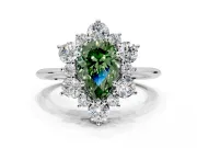 Small-Accent Cluster Halo Engagement Ring Setting for Fancy Green Pear-Shaped Center with Plain Band and Prong Head in White Gold