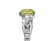 3 Stone Engagement Ring Setting for Fancy Yellow Cushion Cut Center with Crossover Basket, Pave Band and Prong Head in Platinum