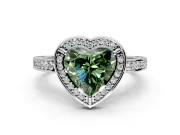 Halo Engagement Ring Setting for Fancy Green Heart-Shaped Center with Framed Halo, Pave Band and Prong Head in Platinum