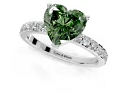 Solitaire Engagement Ring Setting for Fancy Green Heart-Shaped Center with Round Cut Pave Band and Prong Head in White Gold