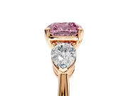 3 Stone Engagement Ring Setting for Fancy Pink Cushion Cut Center with Large Pear-Shaped Accents and Prong Head in Rose Gold