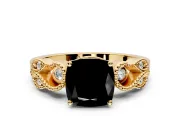 Leaf Engagement Ring Setting for Fancy Black Cushion Cut Center with Milgrain Accent Band and Prong Head in Yellow Gold