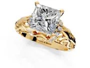 Solitaire Engagement Ring Setting for Princess Cut Center with Filigree Accent Basket and Prong Head in Yellow Gold