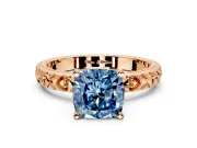 Solitaire Engagement Ring Setting for Fancy Blue Cushion Cut Center with XO Engraved Band and Prong Head in Rose Gold