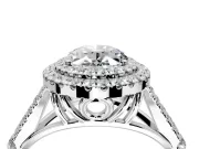 Double Halo Engagement Ring Setting for Oval Center with Narrow Pave Split Shank and Prong Head in Platinum
